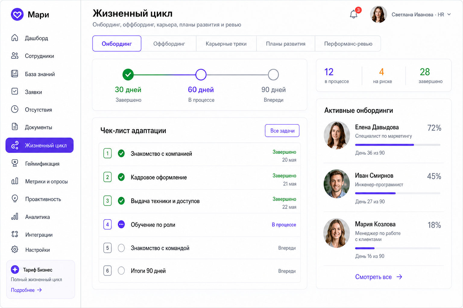 Раздел «Жизненный цикл», вкладка «Онбординг»: треки 30/60/90, чек-лист адаптации и прогресс сотрудников
